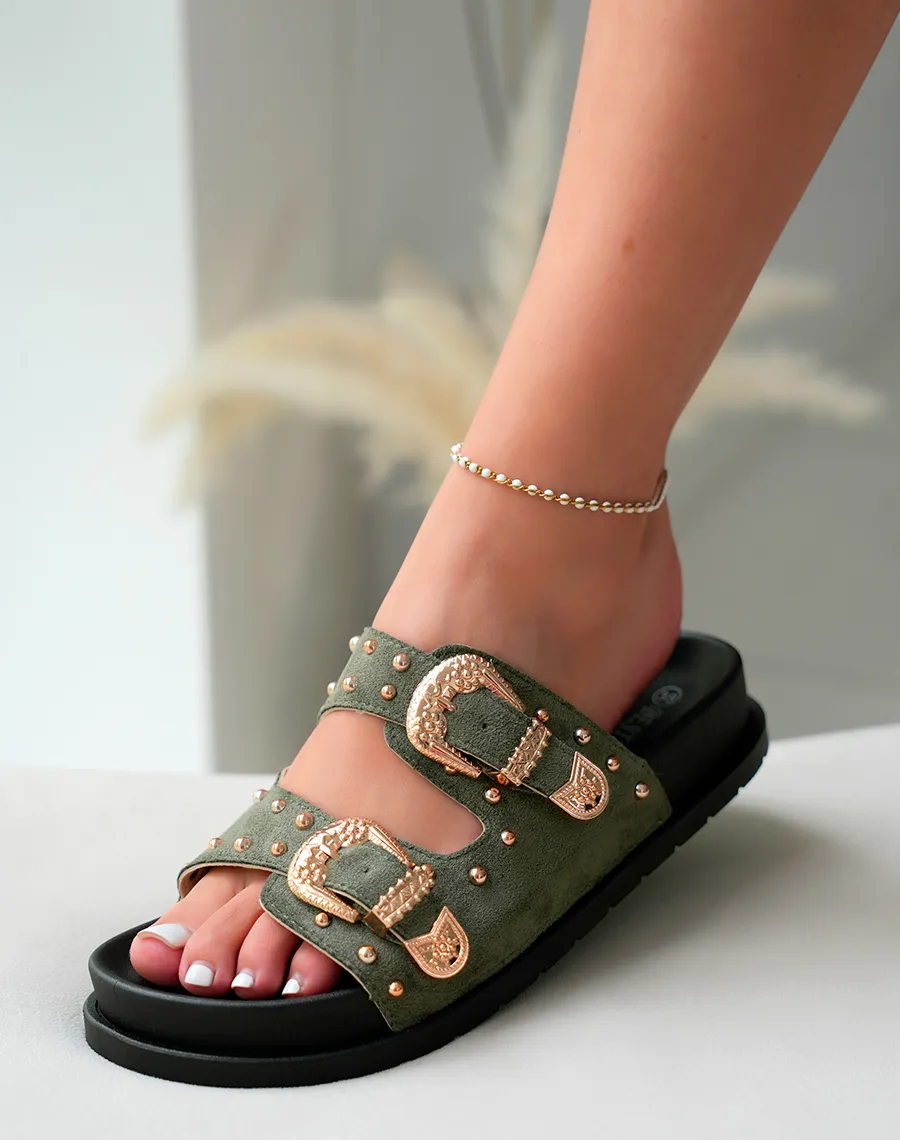 Mules Vert Kaki en Suédine avec Double Sangle Cloutée  Audace Tendance